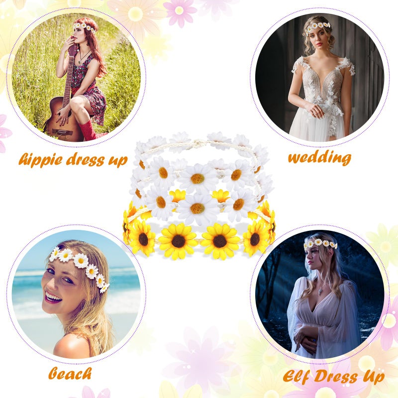Bnikion 3 Pcs Sunflower Headband Hippie Headbands Crown Headpiece Flower Daisy Headbands for Women Girl 70s Hippie Boho Hat Accessories Bridal Wedding Summer Beach Party Hair Wreath Garland - Image 5